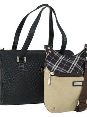 BURBERRY BALLY Tote Bag Leather Canvas 2 Set Beige Navy Auth 151571